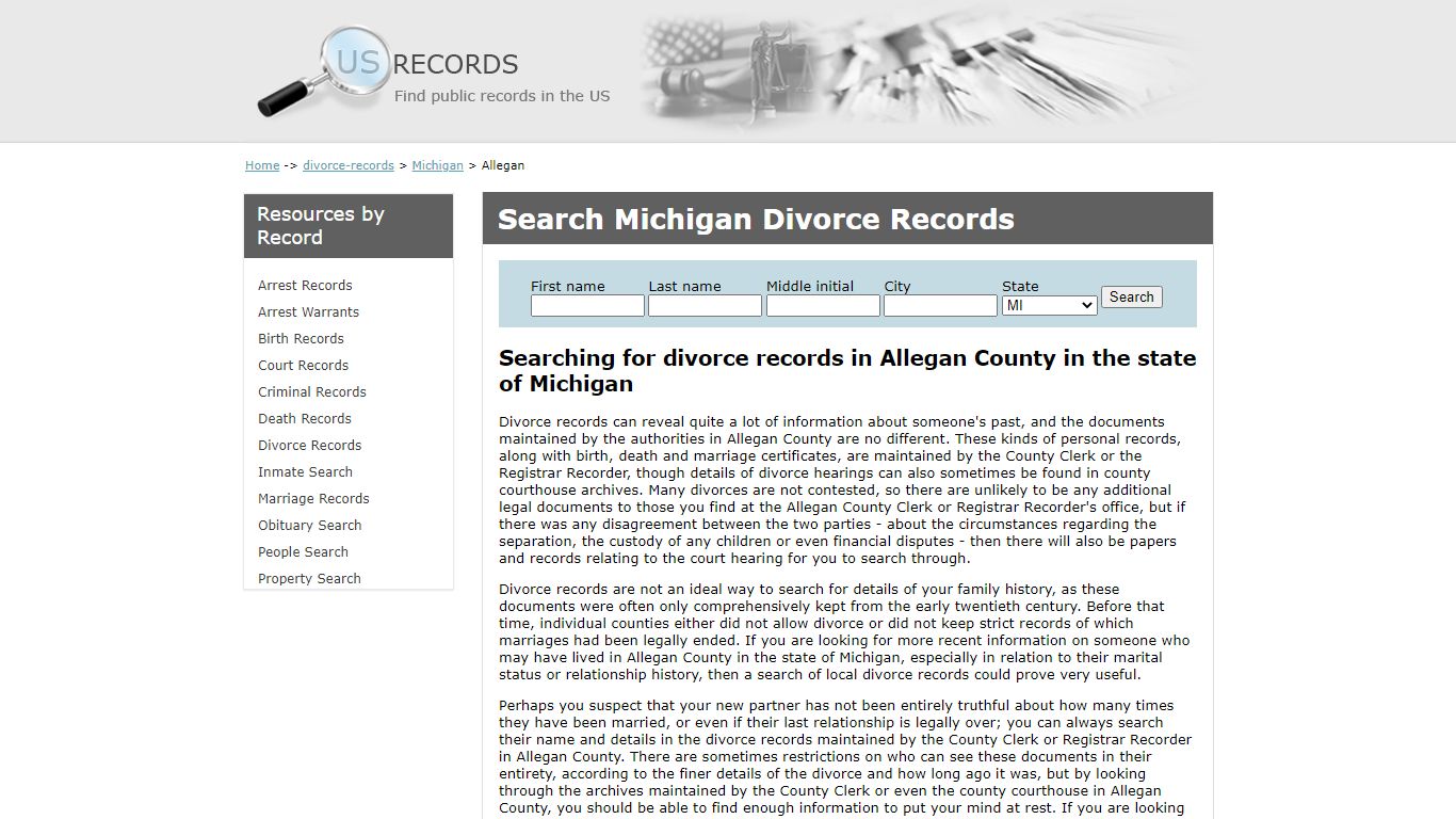 Search Divorce Records Allegan Michigan | US Records